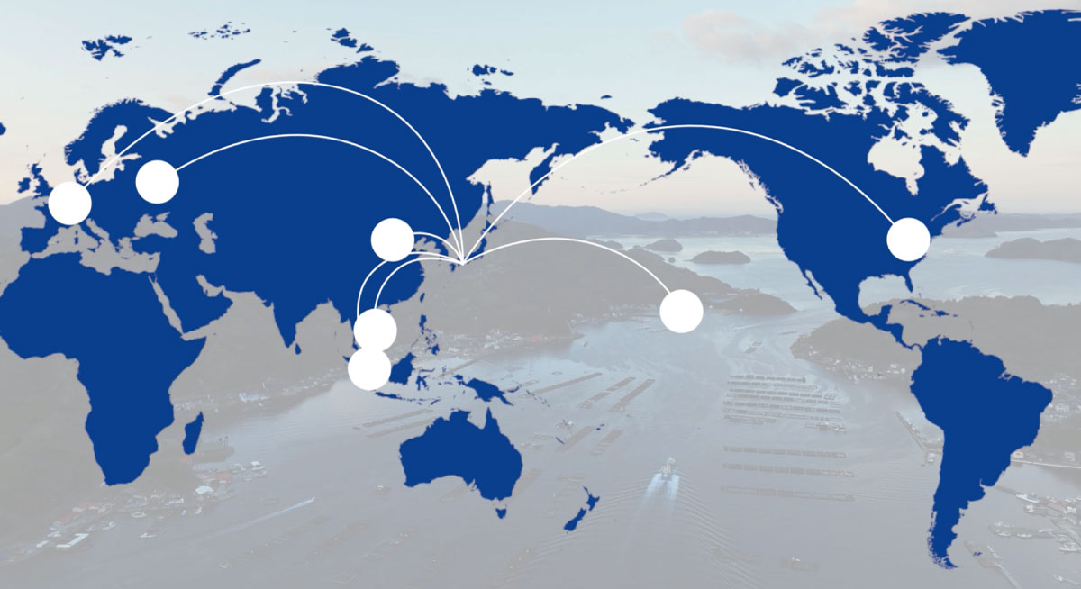イヨスイの海外輸出ネットワークを示す世界地図（日本から各国への輸出ルート）